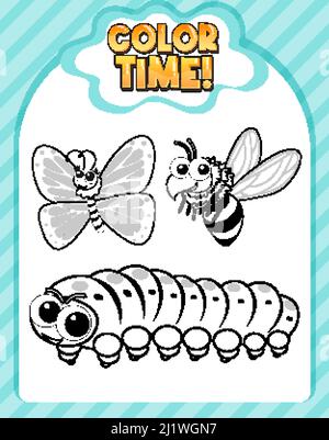 Worksheets template with color time text and insect outline illustration Stock Vector