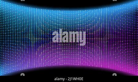 LED video wall screen texture background, blue and purple color light diode dot grid concave tv panel, lcd display with pixels pattern, television dig Stock Vector