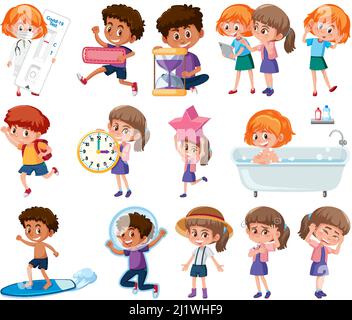 Set of children doing different activities on white background illustration Stock Vector