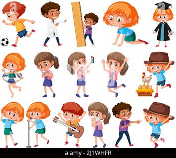 Set of children doing different activities on white background illustration Stock Vector