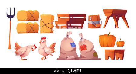 Chickens, straw, bags with harvest and fork isolated on white background. Vector cartoon set of farm icons with hay stacks, wooden boxes, trough and b Stock Vector