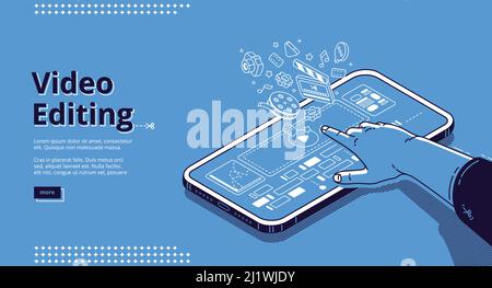 Video editing banner. Film production, software for montage movie, mobile application for edit media content. Vector landing page with isometric illus Stock Vector