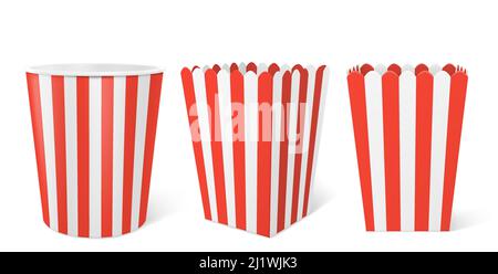 Striped paper box for popcorn isolated on white background. Vector realistic mock up of empty white and red bucket for pop corn, blank square and roun Stock Vector