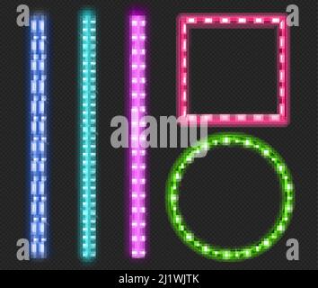 Led strips, neon light glowing luminescence decorative tape borders, green, blue, pink and purple ribbons, square and round frames with glare and ligh Stock Vector