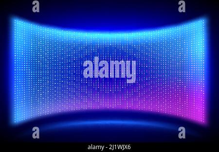 Led concave wall video screen with glowing blue and purple dot lights on black background. Vector illustration of grid pattern for led display on stad Stock Vector