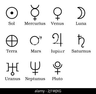 Symbols of the sun moon and planets in our Solar System Stock Photo