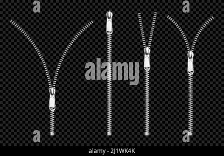 Metal zip fasteners, silver or steel zippers with puller, clothing hardware, apparel accessory, open or close lock for garment isolated on transparent Stock Vector