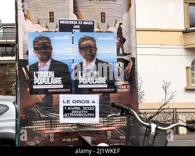 Paris, France - Mar 18, 2022: 2022 French presidential election with Union Populaire poster featuring Jean-Luc Antoine Pierre Melenchon Stock Photo