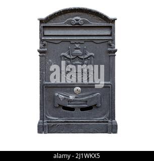 Black post box or mailbox isolated on a white background. Stock Photo