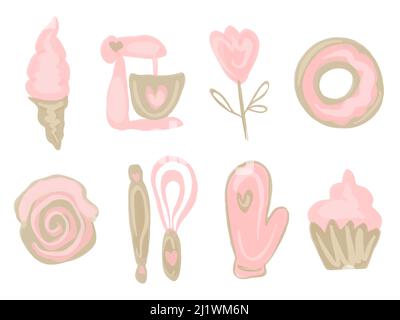 Vector Hand drawn isolated design elements set for bakery. Kitchen pastry tools set. Watercolor collection of sweet cakes and donuts. Stock Vector