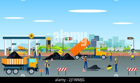 Vector of workers repairing road pavement Stock Vector