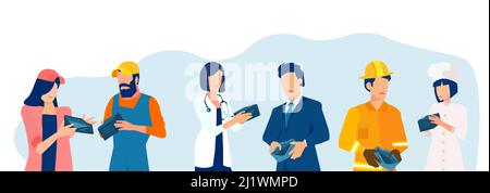 Vector of a group of stressed people of different occupations holding empty wallets Stock Vector