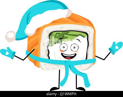 Sushi character in Santa hat with happy emotion, joyful face, smile eyes, arms and legs. Person with funny expression, asian food emoticon Stock Vector