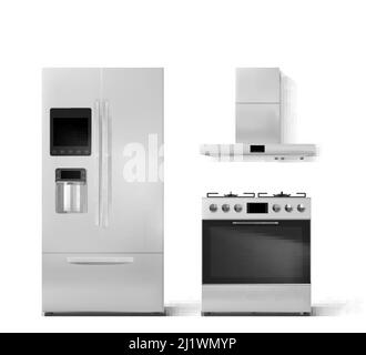 Smart fridge, gas oven and hood kitchen appliances. Two-chambered refrigerator with wifi, digital display and dispenser for water, stove front view is Stock Vector