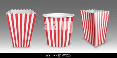 Striped bucket for popcorn, chicken wings or legs mockup isolated on transparent background. Empty red and white stripy pail fastfood, paper hen bucke Stock Vector
