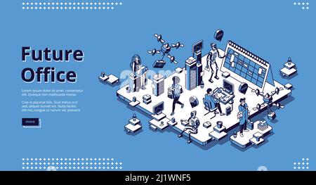 Future office isometric landing page. Human and ai robots work together. Robotic employees with people in futuristic workplace. Cyborgs automation art Stock Vector