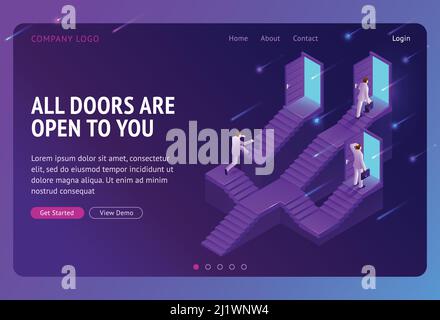 Choice, career ladder isometric landing page. Business opportunity, way to success. Businessman choose doors on stairs, decision, solution for job or Stock Vector