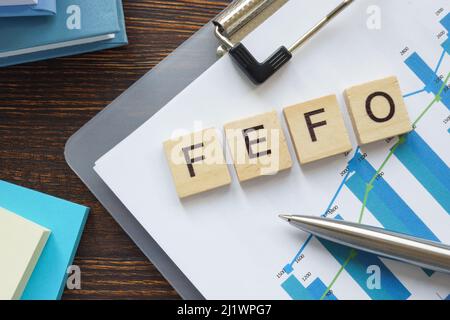 FEFO or First Expire, First Out on the business papers. Stock Photo