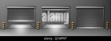 Gate with metal rolling shutter in gray wall. Vector realistic illustration of hallway in commercial garage or warehouse with closed and open roller u Stock Vector