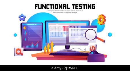 Functional testing banner. Methodology of programming, search errors and bugs in software, quality control of program or app. Vector cartoon illustrat Stock Vector