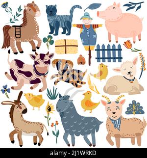 Farm with pets, cat, pig, goat, horse, donkey, cow. Cute animals in pastel colors. Rural farm animals on a white background. Boho animals. Vector illustration Stock Vector