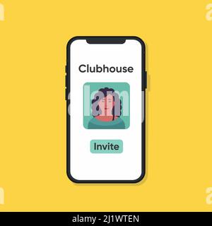 Clubhouse app on Smartphone in hands. Sending invitation to Clubhouse app. Stock Vector