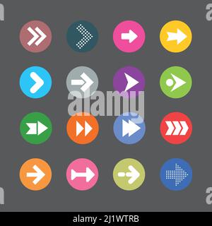Arrow sign icon set. Simple circle shape internet button on grey background. Stock Vector
