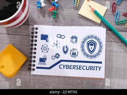 Cybersecurity concept drawn on a notepad placed on a desk Stock Photo