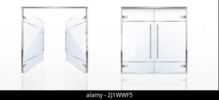 Double glass doors with metal frame and handles. Vector realistic mockup of open and closed doors isolated on transparent background. Glass gate, entr Stock Vector