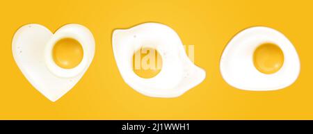 Fried eggs different shapes isolated on yellow background. Vector realistic illustration of omelette top view. Romantic breakfast with eggs with yolk Stock Vector