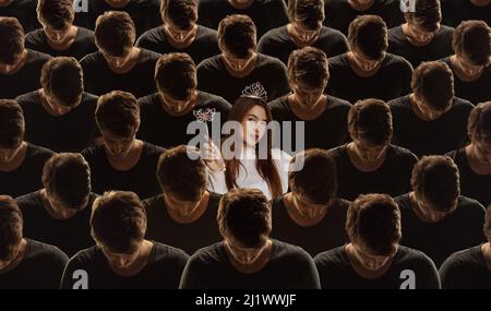 Collage with grey crowd of identical people, men and special one beautiful young girl in image of fairy. Diversity concept Stock Photo