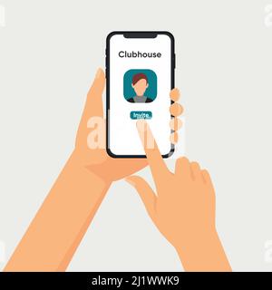 Smartphone in hands. Sending invitation to Clubhouse app. Stock Vector