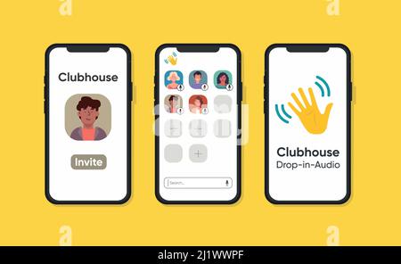 Clubhouse App Mockup Screens and logo with slogan - drop-in audio. Vector application template. Stock Vector