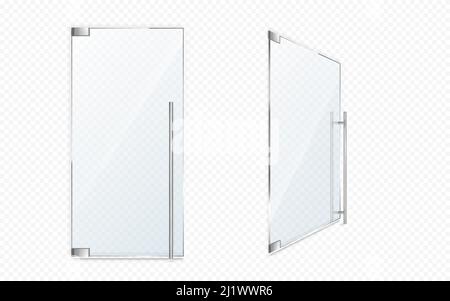Glass doors with metal handles. Close and open office entrance, boutique facade, shop or store doorway isolated on transparent background. Modern inte Stock Vector