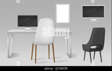 Desk, monitor, chairs and blank picture frame isolated on transparent background. Vector realistic set of modern furniture, table, chair and computer Stock Vector
