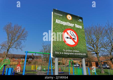 Smoking prohibition signs adjacent and relating to children's facilities at Blackpool, Lancashire in England. Stock Photo