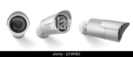 Security camera in different views. Vector realistic set of cctv cam, watching system, video control of safety. Hanging web camera for surveillance an Stock Vector
