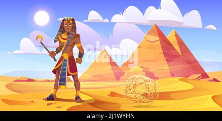 Ancient Egyptian pharaoh with rod in desert with pyramids. Vector cartoon illustration of landscape with yellow sand dunes, pharaoh tombs, figure of k Stock Vector