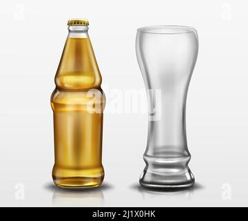 Clear bottle with beer and empty tall glass. Vector realistic mockup of blank lager or craft beer bottle with yellow cap and mug. Template of alcohol Stock Vector