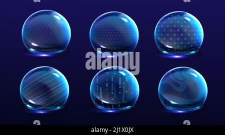 Force shield bubbles, energy glowing spheres or defense dome fields. Science fiction various deflector elements, firewall absolute protection isolated Stock Vector