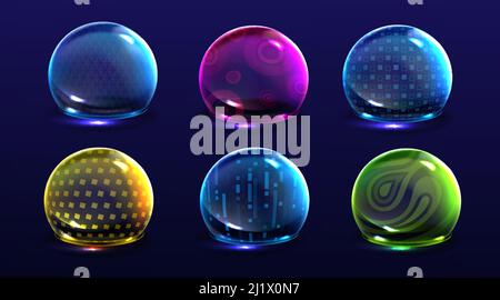 Force shield bubbles, color energy glowing spheres or defense dome fields. Science fiction various deflector elements, firewall absolute protection is Stock Vector