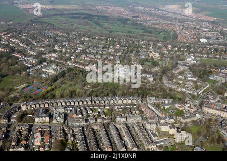 aerial view looking north west across Valley Gardens, Harrogate, North Yorkshire; Killinghall Moor Country Park can be seen in the distance Stock Photo