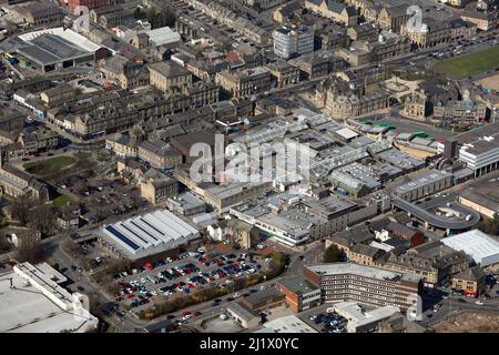 aerial view of Keighley town centre with Airedale Shopping Centre & The Market Hall prominent, West Yorkshire Stock Photo