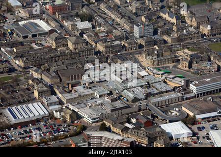 aerial view of Keighley town centre with Airedale Shopping Centre & The Market Hall prominent, West Yorkshire Stock Photo