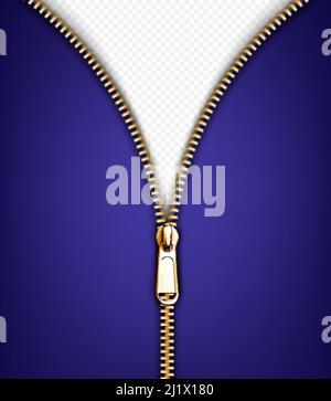 Zip fastener, open gold metal zipper with puller on purple fabric. Unzip clothing hardware, apparel accessory, lock for garment isolated on transparen Stock Vector