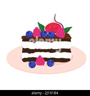 Piece of chocolate cake with berries, fruits and whipped cream. Layered cake illustration in cartoon style. Slice of chocolate pastry cake on a saucer Stock Vector