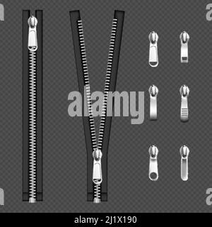 Metal zip fasteners, silver zippers with differently shaped puller and open or closed black fabric tape, clothing hardware isolated on transparent bac Stock Vector