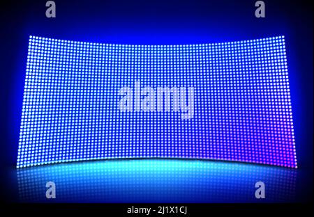 Concave led wall video screen with glowing blue and purple dot lights. Vector illustration of grid pattern for led display on stadium or scene. Curved Stock Vector