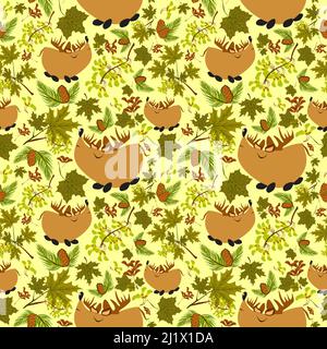 Forest pattern with animals and plants. Seamless pattern for fabric, paper and other printing and web projects. Stock Vector