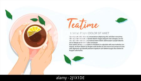 Hands holding a cup of herbal tea with lemon, top view. Woman warming hands touching a hot cup of tea. Tea time for relax, banner in cartoon modern st Stock Vector